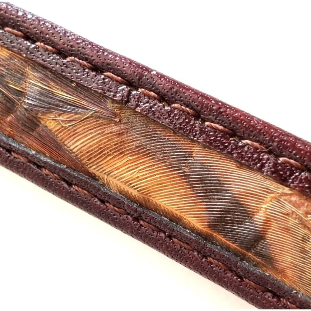 Vintage Brown Leather Feather Inlay Belt With Brass Buckle - Picture 5 of 6